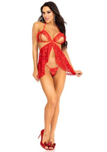 Load image into Gallery viewer, Leg Avenue Lace Flyaway Babydoll with Ruffle Peek-A-Boo Cups and Lace G-String
