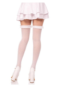 Leg Avenue Lace Garter Sheer Striped Thigh Highs with Satin Bow Accent