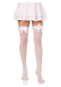 Leg Avenue Lace Garter Sheer Striped Thigh Highs with Satin Bow Accent