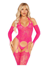Load image into Gallery viewer, Leg Avenue Lace Halter Footless Cami Garter with Attached Toe Loop Stockings and Arm Warmers - Pink - One Size
