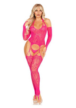 Load image into Gallery viewer, Leg Avenue Lace Halter Footless Cami Garter with Attached Toe Loop Stockings and Arm Warmers
