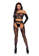 Load image into Gallery viewer, Leg Avenue Lace Long Sleeve Halter Choker Crop Top, Lace Suspender Hose, and G-String
