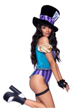 Load image into Gallery viewer, Leg Avenue Mischievous Mad Hatter Garter Bodysuit with Strappy Deep-V and Puff Sleeves, Bow Collar, and Mad Hatter Hat - Multicolor - XSmall - 3 Piece
