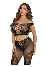 Load image into Gallery viewer, Leg Avenue Net and Lace Off-The-Shoulder Crop Top and Footless Tights - Black - One Size - 2 Piece
