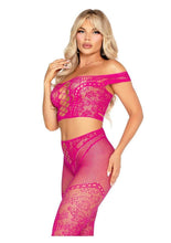 Load image into Gallery viewer, Leg Avenue Net and Lace Off-The-Shoulder Crop Top and Footless Tights - Magenta - One Size - 2 Piece
