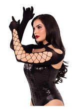 Load image into Gallery viewer, Leg Avenue Net and Opaque Cross-Over Halter Gloved Shrug - Black - One Size

