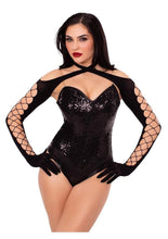 Load image into Gallery viewer, Leg Avenue Net and Opaque Cross-Over Halter Gloved Shrug
