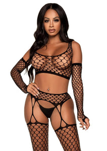 Leg Avenue Net Crop Top, Garter Stockings and Matching Gloves - Black - One Size - 3 Pieces