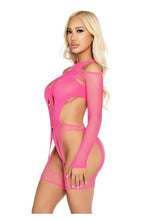 Load image into Gallery viewer, Leg Avenue Off-The-Shoulder Fishnet Garter Harness and Layered Opaque Cut-Out Teddy - One Size - 2 Piece

