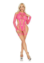 Load image into Gallery viewer, Leg Avenue Off-The-Shoulder Fishnet Garter Harness and Layered Opaque Cut-Out Teddy
