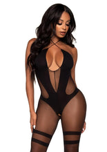 Load image into Gallery viewer, Leg Avenue Opaque and Sheer Keyhole Twist Halter Bodystocking - Black - One Size

