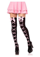 Load image into Gallery viewer, Leg Avenue Opaque Cross Bone Thigh Highs with Satin Bow Accent - Black/Light Pink - One Size
