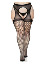 Load image into Gallery viewer, Leg Avenue Oval Net Suspender Hose with Opaque Top - Black - Queen/XLarge/XXLarge
