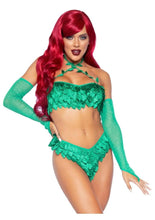 Load image into Gallery viewer, Leg Avenue Poison Temptress Leafy Halter Top with Corset Lace Up Back, Leafy Panty, and Sleeves - Green - XSmall - 3 Piece
