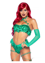 Load image into Gallery viewer, Leg Avenue Poison Temptress Leafy Halter Top with Corset Lace Up Back, Leafy Panty, and Sleeves
