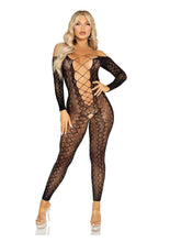 Load image into Gallery viewer, Leg Avenue Python Net Crotchless Footless Lingerie Jumpsuit with Faux Lace Up Detail
