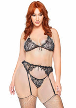 Load image into Gallery viewer, Rhinestone Eyelash Lace Bra Top Garter Belt and G-String - Black - Queen/XLarge/XXLarge - 3 Pieces
