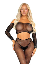 Load image into Gallery viewer, Leg Avenue Rhinestone Fishnet Crop Top and Footless Tights - Black - One Size
