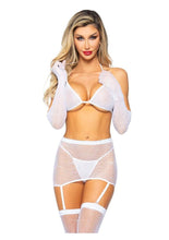 Load image into Gallery viewer, Leg Avenue Rhinestone Fishnet Garter Skirt Set with Bikini Top, G-String, Gloves, and Matching Stockings - White - One Size - 5 Piece
