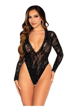 Load image into Gallery viewer, Leg Avenue Rhinestone Lace Deep-V High Cut Bodysuit - Black - One Size
