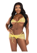 Load image into Gallery viewer, Leg Avenue Rhinestone Mesh Wrap Around Bra Top, G-String Panty, and Ruched Tie Sarong (3 Piece) - Small/Medium - Baby - Yellow
