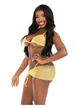 Load image into Gallery viewer, Leg Avenue Rhinestone Mesh Wrap Around Bra Top, G-String Panty, and Ruched Tie Sarong (3 Piece) - Small/Medium - Baby - Yellow
