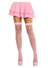 Load image into Gallery viewer, Leg Avenue Satin Bow Top Fishnet Thigh Highs with Rhinestone Backseam - Pink - One Size
