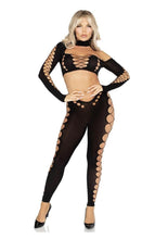 Load image into Gallery viewer, Leg Avenue Seamless Asymmetrical Cut Out Crop Top and Footless Tights
