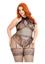 Load image into Gallery viewer, Leg Avenue Seamless Industrial Net Halter Bodystocking with Faux Lace Lingerie Detail - Black - Queen/XLarge/XXLarge
