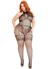 Load image into Gallery viewer, Leg Avenue Seamless Industrial Net Halter Bodystocking with Faux Lace Lingerie Detail
