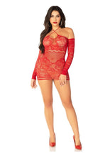 Load image into Gallery viewer, Leg Avenue Seamless Lace Net Off The Shoulder Mini Dress with Twist Halter Strap
