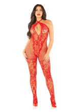 Load image into Gallery viewer, Leg Avenue Seamless Net and Lace Lingerie Jumpsuit with Keyhole Crossover Halter
