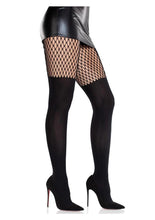 Load image into Gallery viewer, Leg Avenue Seamless Opaque Garter Illusion Tights with Net Thigh Detail - Black - One Size
