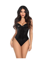 Load image into Gallery viewer, Leg Avenue Sequin Boned Snap Crotch Bodysuit with Detachable Clear Strap - Black - Small - 2 Piece
