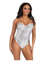 Load image into Gallery viewer, Leg Avenue Sequin Boned Snap Crotch Bodysuit with Detachable Clear Strap - Silver - Small - 2 Piece
