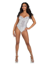 Load image into Gallery viewer, Leg Avenue Sequin Boned Snap Crotch Bodysuit with Detachable Clear Strap
