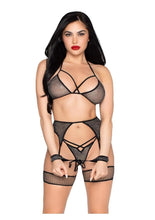Load image into Gallery viewer, Leg Avenue Shimmer Net Bra Top, G-String Panty, Garter Harness and Wrist Ties - Black/Silver - One Size - 4 Piece
