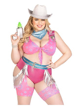 Load image into Gallery viewer, Leg Avenue Space Cowgirl Set Bandana Print Tie Front Crop Top with Fringe Trim, High Waist Bottoms with Attached Chaps, Belt with Fringe Detail, and Neck Bandana - Multicolor - 3XLarge/4XLarge - 4 Piece
