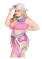 Load image into Gallery viewer, Leg Avenue Space Cowgirl Set Bandana Print Tie Front Crop Top with Fringe Trim, High Waist Bottoms with Attached Chaps, Belt with Fringe Detail, and Neck Bandana
