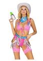 Load image into Gallery viewer, Leg Avenue Space Cowgirl Set Bandana Print Tie Front Crop Top with Fringe Trim, High Waist Bottoms with Attached Chaps, Belt with Fringe Detail, and Neck Bandana
