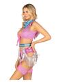 Load image into Gallery viewer, Leg Avenue Space Cowgirl Set Bandana Print Tie Front Crop Top with Fringe Trim, High Waist Bottoms with Attached Chaps, Belt with Fringe Detail, and Neck Bandana
