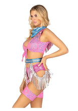 Load image into Gallery viewer, Leg Avenue Space Cowgirl Set Bandana Print Tie Front Crop Top with Fringe Trim, High Waist Bottoms with Attached Chaps, Belt with Fringe Detail, and Neck Bandana - Multicolor - XSmall - 4 Piece
