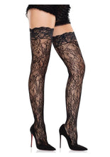 Load image into Gallery viewer, Leg Avenue Stay-Up Lace Top Cross Hatch Floral Lace Thigh Highs - Black - One Size
