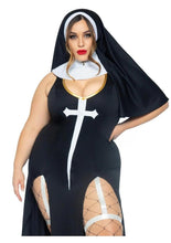 Load image into Gallery viewer, Leg Avenue Sultry Sinner Dual Slit Garter Dress with Vinyl Cross Detail, Vinyl Collar, and Nun Habit - Black/White - Queen/XLarge/XXLarge - 3 Piece
