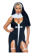 Load image into Gallery viewer, Leg Avenue Sultry Sinner Dual Slit Garter Dress with Vinyl Cross Detail, Vinyl Collar, and Nun Habit - Black/White - Medium - 3 Piece
