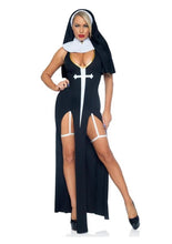 Load image into Gallery viewer, Leg Avenue Sultry Sinner Dual Slit Garter Dress with Vinyl Cross Detail, Vinyl Collar, and Nun Habit - Black/White - Small - 3 Piece
