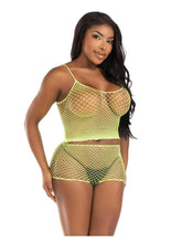 Load image into Gallery viewer, Leg Avenue Twist Net Tank Top and Boy Shorts - Lime - One Size - 2 Piece
