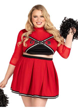 Load image into Gallery viewer, Leg Avenue Varsity Babe Set Crop Top with Cheer Logo, Pleated Skirt, and Pom Poms - Red - 3XLarge/4XLarge - 3 Piece
