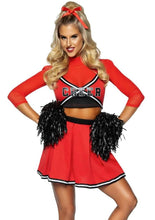 Load image into Gallery viewer, Leg Avenue Varsity Babe Set Crop Top with Cheer Logo, Pleated Skirt, and Pom Poms - Red - Large/Medium - 3 Piece
