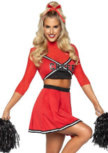 Load image into Gallery viewer, Leg Avenue Varsity Babe Set Crop Top with Cheer Logo, Pleated Skirt, and Pom Poms - Red - XSmall - 3 Piece
